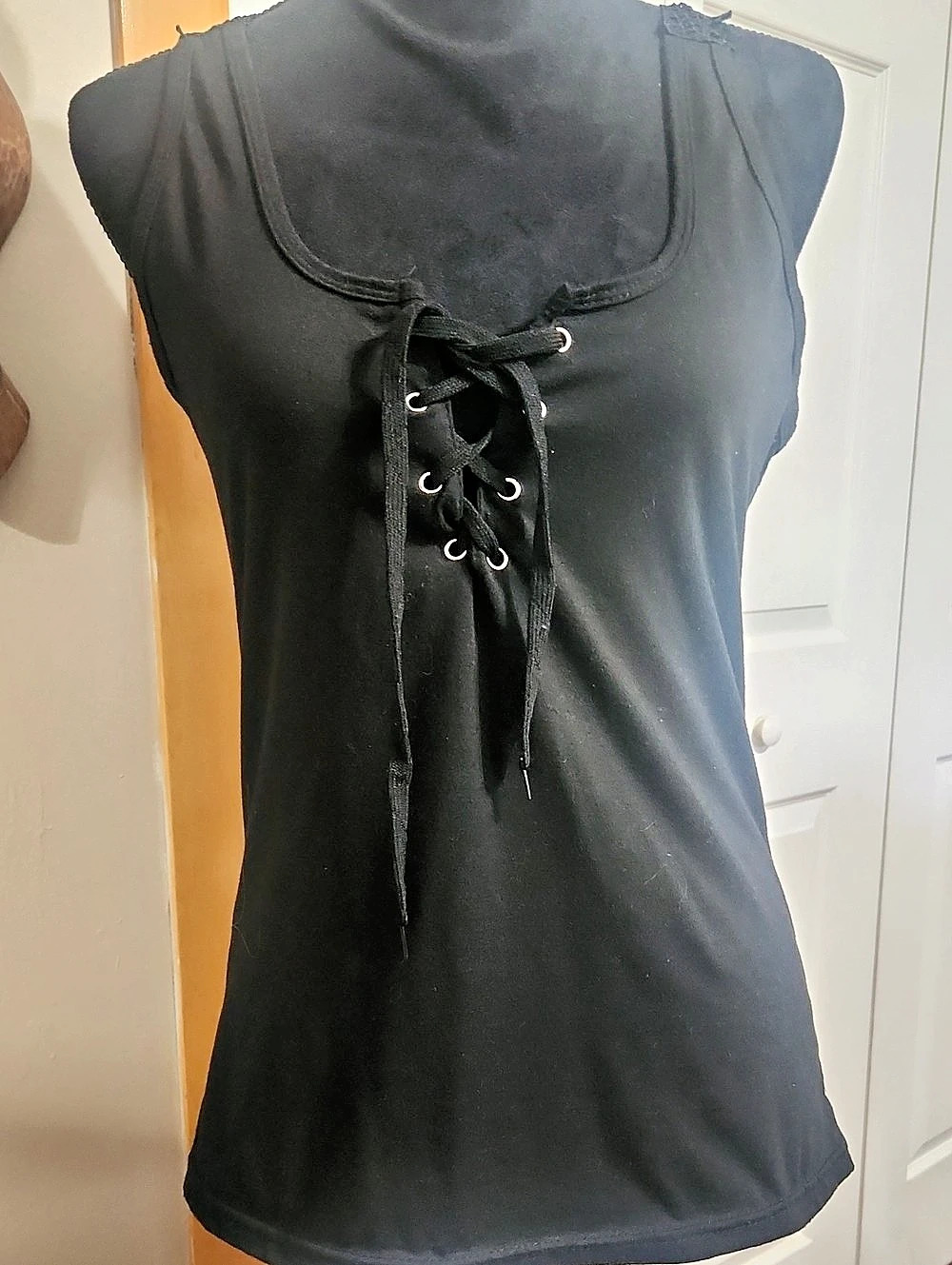 Black Lace-Up Neck Tank Top With Black Lace Cutout Back Design